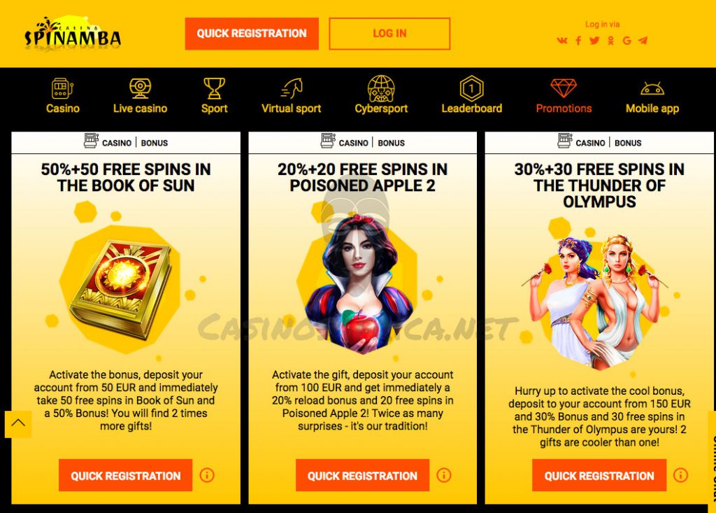 Spinamba Casino bonuses and promotions