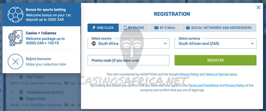 Registration at 1xBet website
